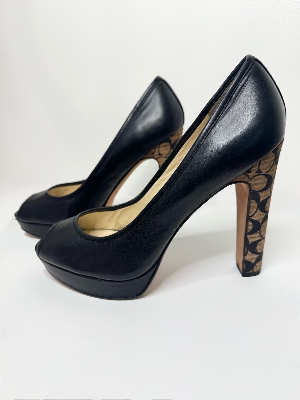 Coach Black Leather Pumps with Signature Monogram Heel